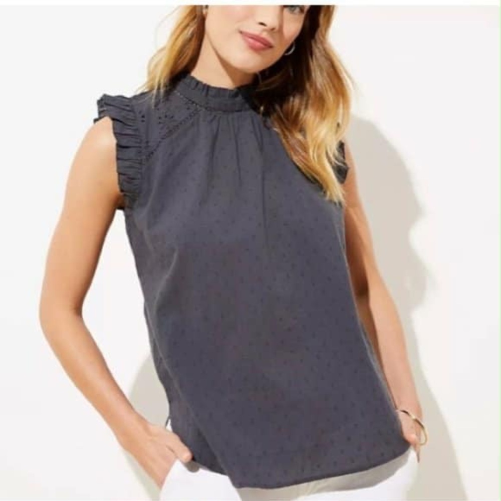 LOFT Charcoal Gray Ruffle Sleeve Eyelet Top Tank